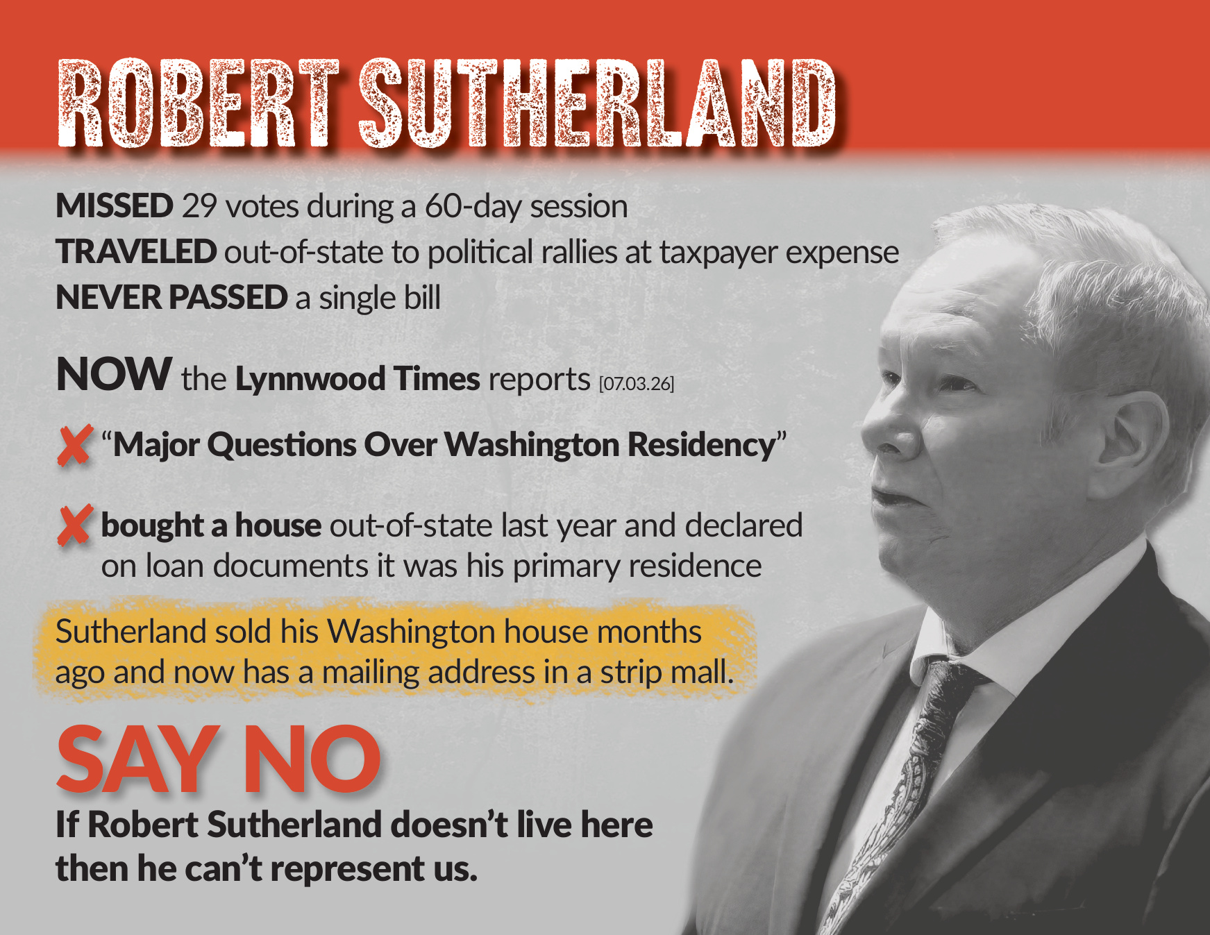 Robert Sutherland mailer: missed votes, taxpayer-funded political travel, never passed a bill, and questions over Washington residency.